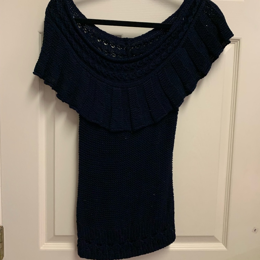 Anthropologie. Off the shoulder navy blue knit.